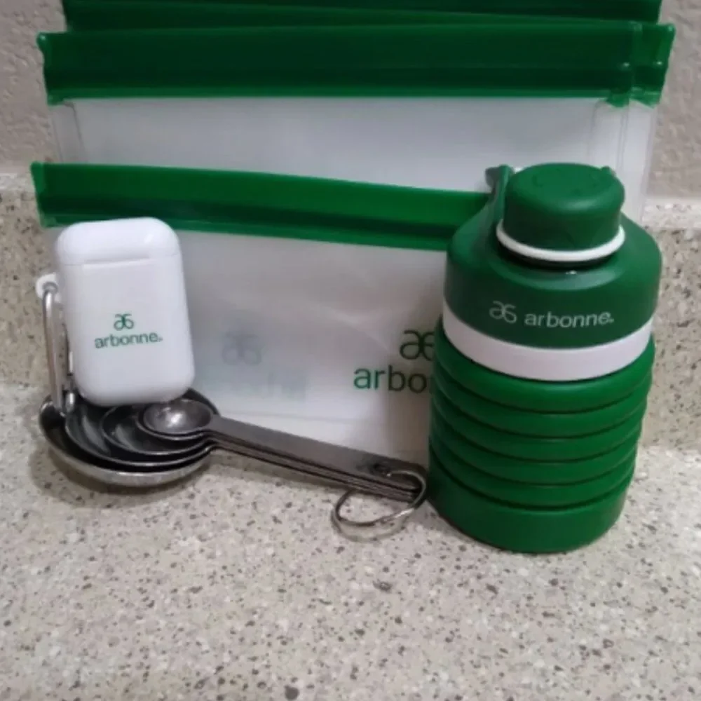 NEW Arbonne Good to be Green Kit Travel Cup Measuring Spoons Collapsible